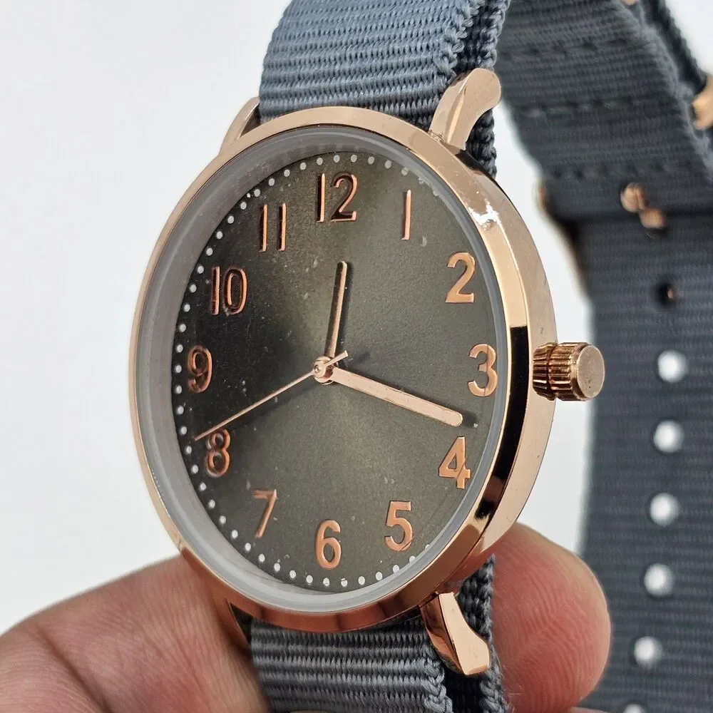 Unisex Watch 38MM Dark Gold Gray Dial Gray Canvas Band Strap New‎ Battery